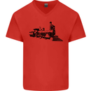 Trains Locomotive Steam Engine Trainspotting Mens V-Neck Cotton T-Shirt Red
