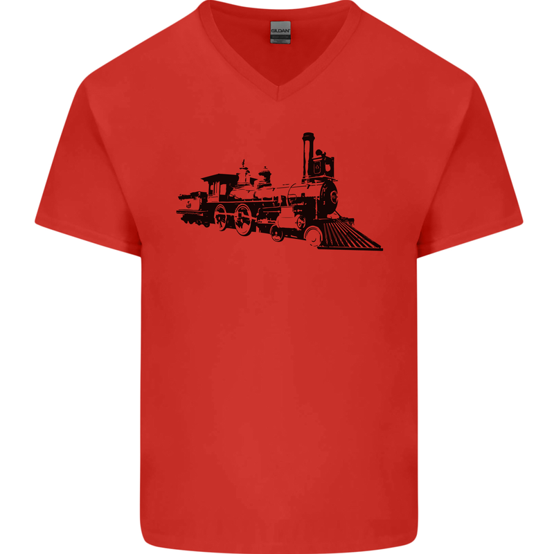 Trains Locomotive Steam Engine Trainspotting Mens V-Neck Cotton T-Shirt Red