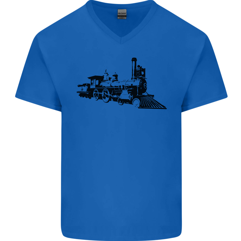 Trains Locomotive Steam Engine Trainspotting Mens V-Neck Cotton T-Shirt Royal Blue