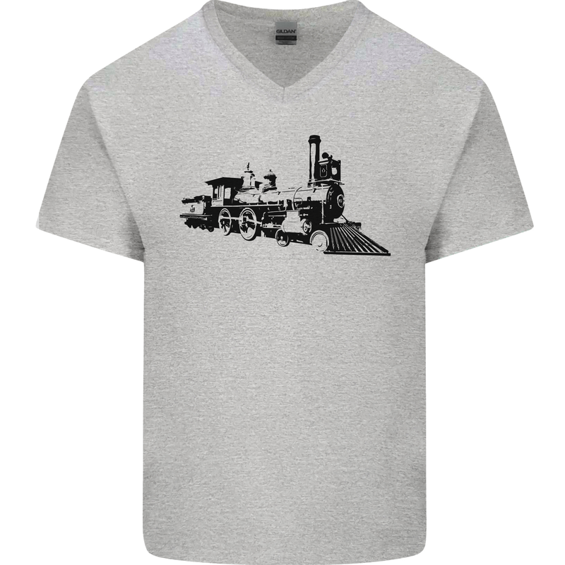 Trains Locomotive Steam Engine Trainspotting Mens V-Neck Cotton T-Shirt Sports Grey