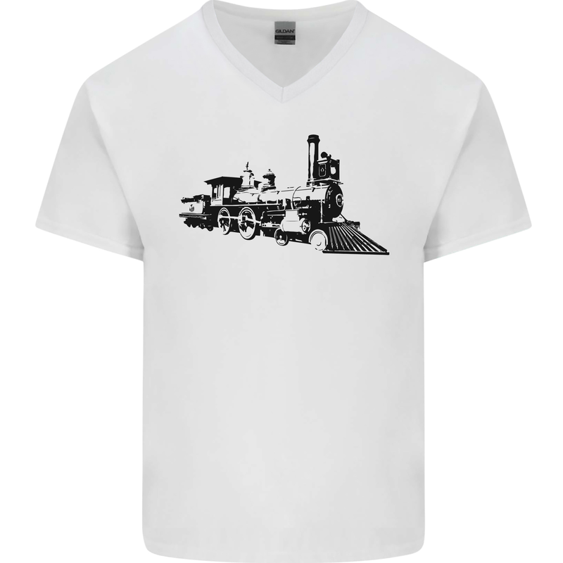 Trains Locomotive Steam Engine Trainspotting Mens V-Neck Cotton T-Shirt White