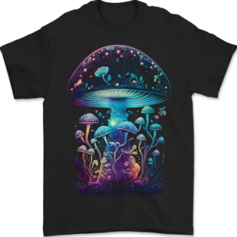 Translucent Fantasy Magic Mushrooms LSD Trippy Mens T-Shirt 100% Cotton BLACK