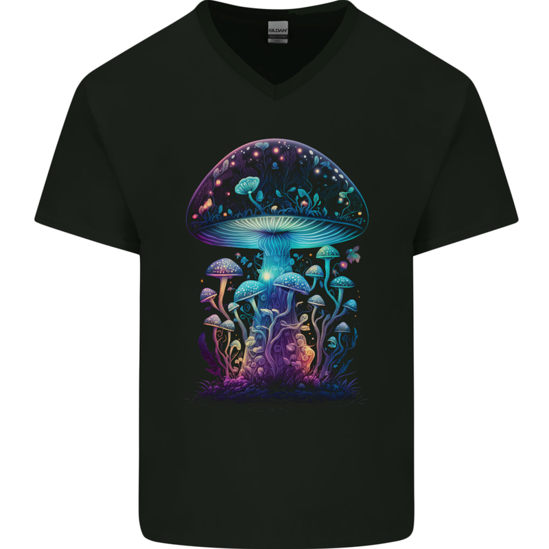 Translucent Fantasy Magic Mushrooms LSD Trippy Mens V-Neck Cotton T-Shirt Black