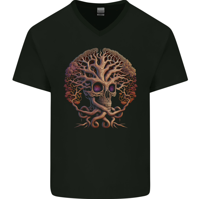 Tree Skull Mens V-Neck Cotton T-Shirt Black