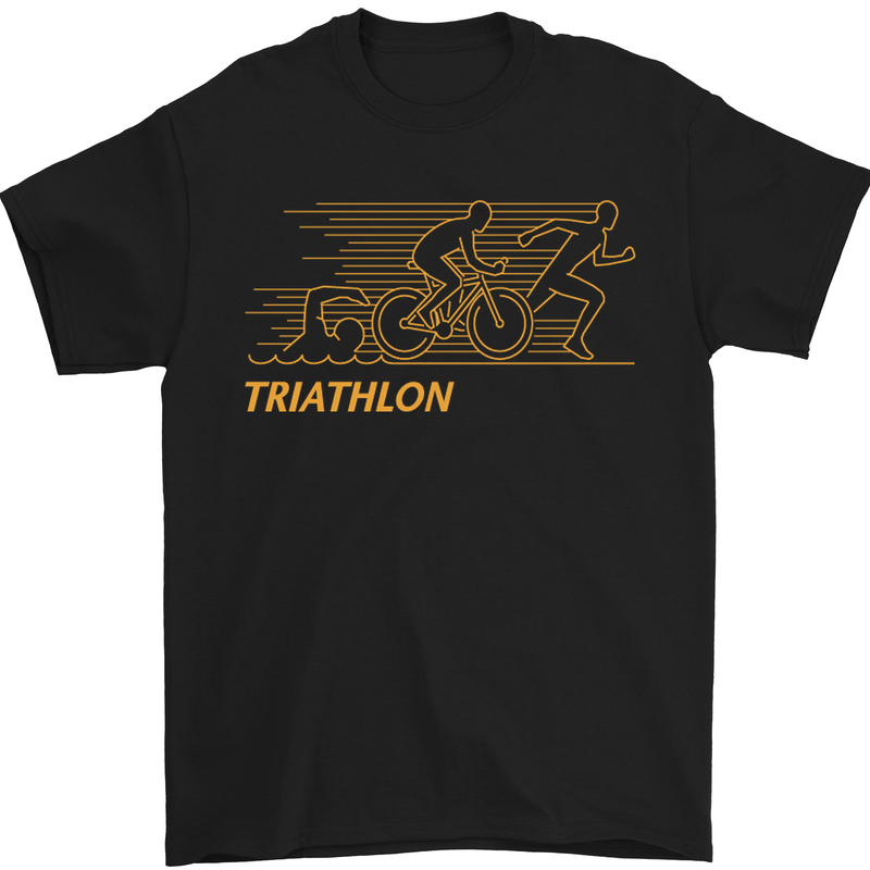 a black t - shirt with a yellow triathlon logo