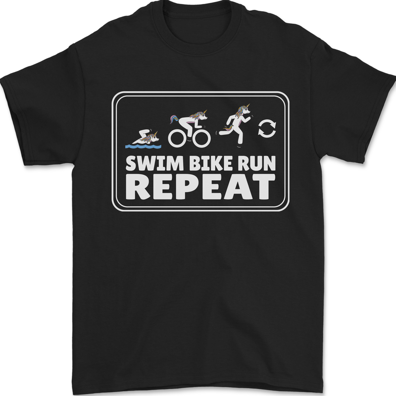 a black shirt that says swim bike run repeat
