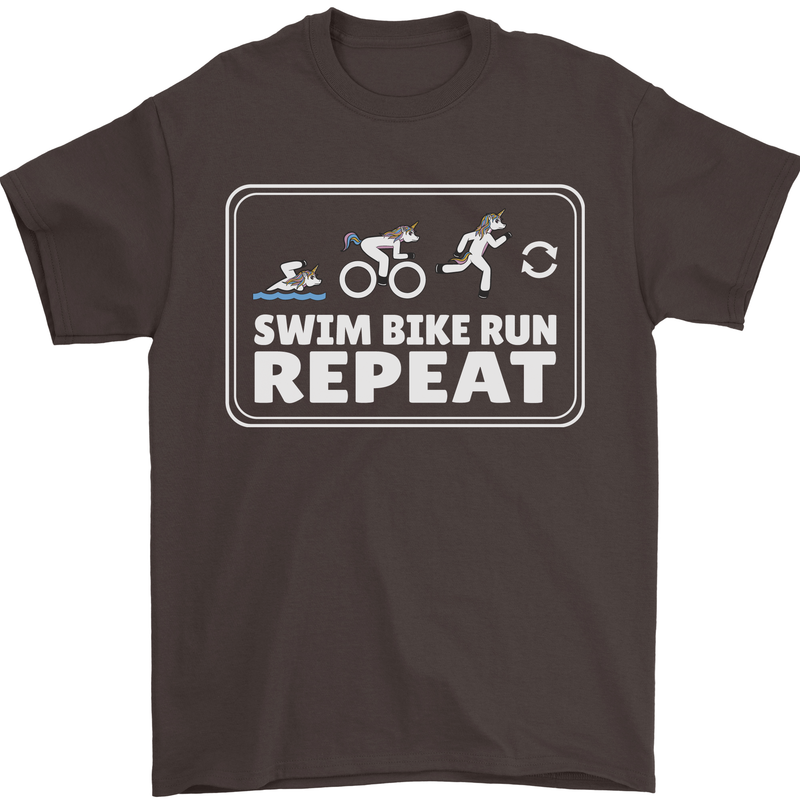Triathlon Running Swimming Cycling Unicorn Mens T-Shirt 100% Cotton Dark Chocolate