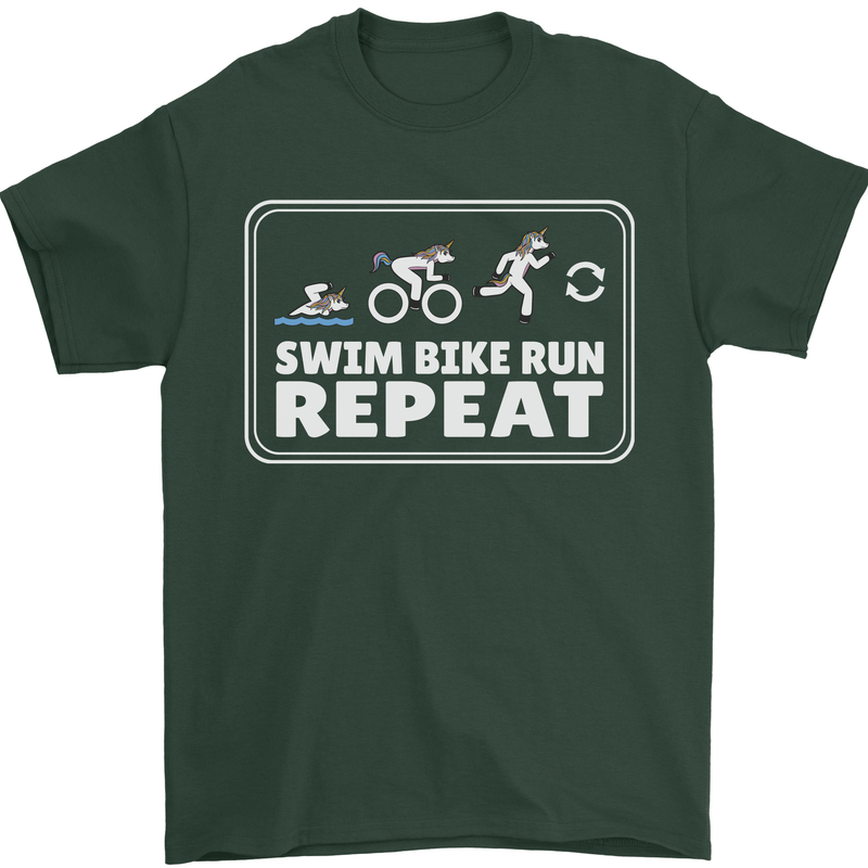 Triathlon Running Swimming Cycling Unicorn Mens T-Shirt 100% Cotton Forest Green