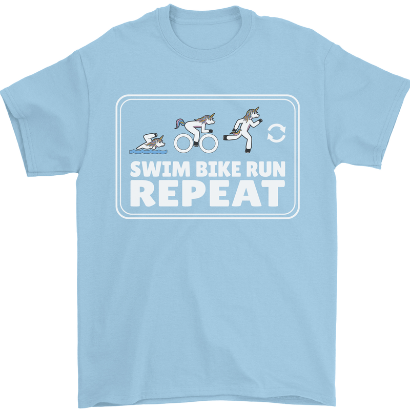 Triathlon Running Swimming Cycling Unicorn Mens T-Shirt 100% Cotton Light Blue