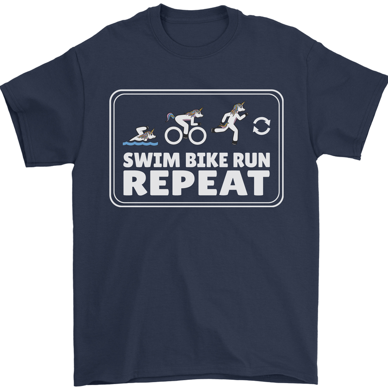 Triathlon Running Swimming Cycling Unicorn Mens T-Shirt 100% Cotton Navy Blue