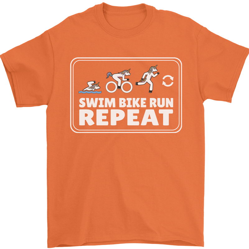 Triathlon Running Swimming Cycling Unicorn Mens T-Shirt 100% Cotton Orange