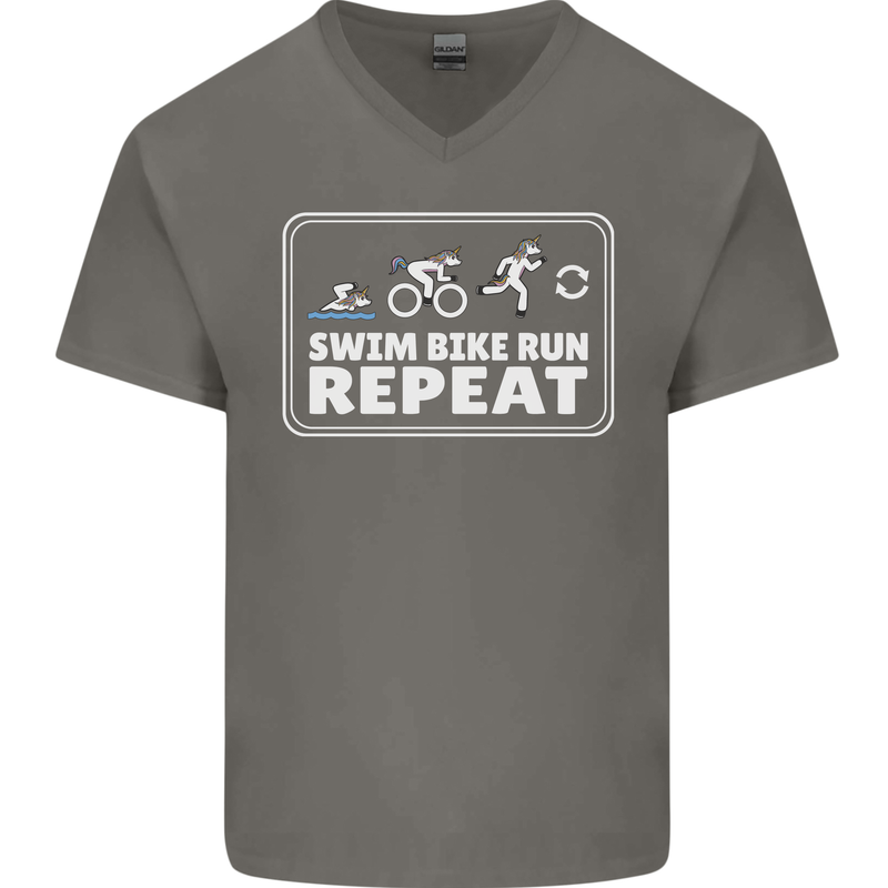 Triathlon Running Swimming Cycling Unicorn Mens V-Neck Cotton T-Shirt Charcoal