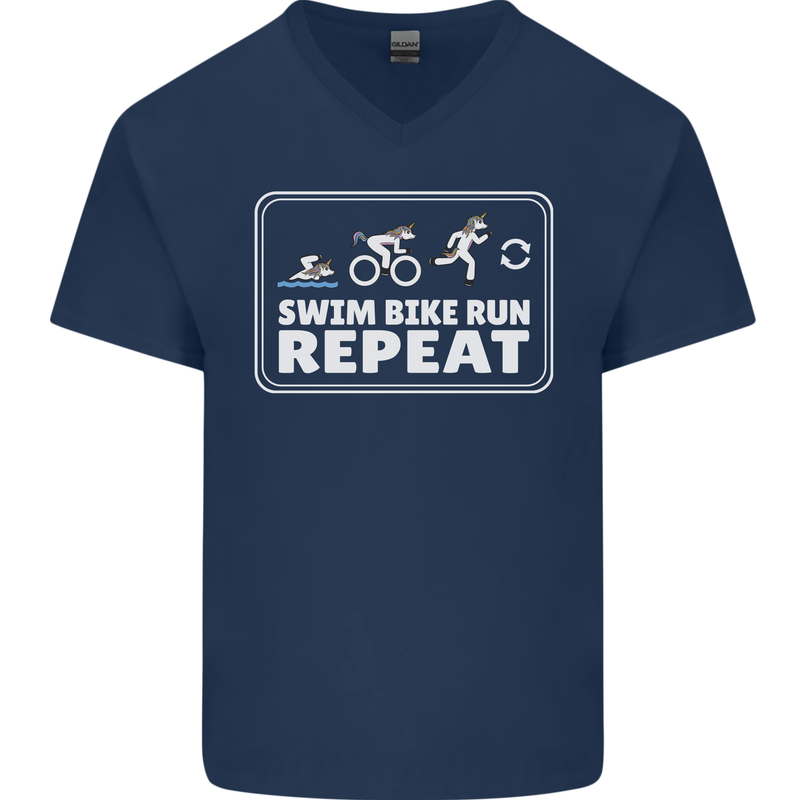 Triathlon Running Swimming Cycling Unicorn Mens V-Neck Cotton T-Shirt Navy Blue