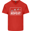 Triathlon Running Swimming Cycling Unicorn Mens V-Neck Cotton T-Shirt Red