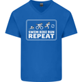 Triathlon Running Swimming Cycling Unicorn Mens V-Neck Cotton T-Shirt Royal Blue