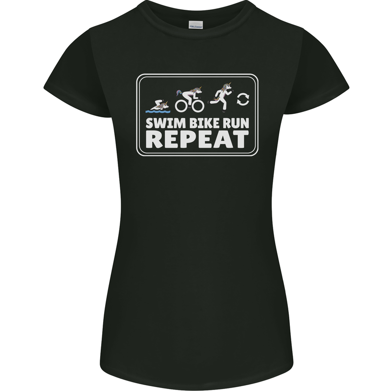 Triathlon Running Swimming Cycling Unicorn Womens Petite Cut T-Shirt Black