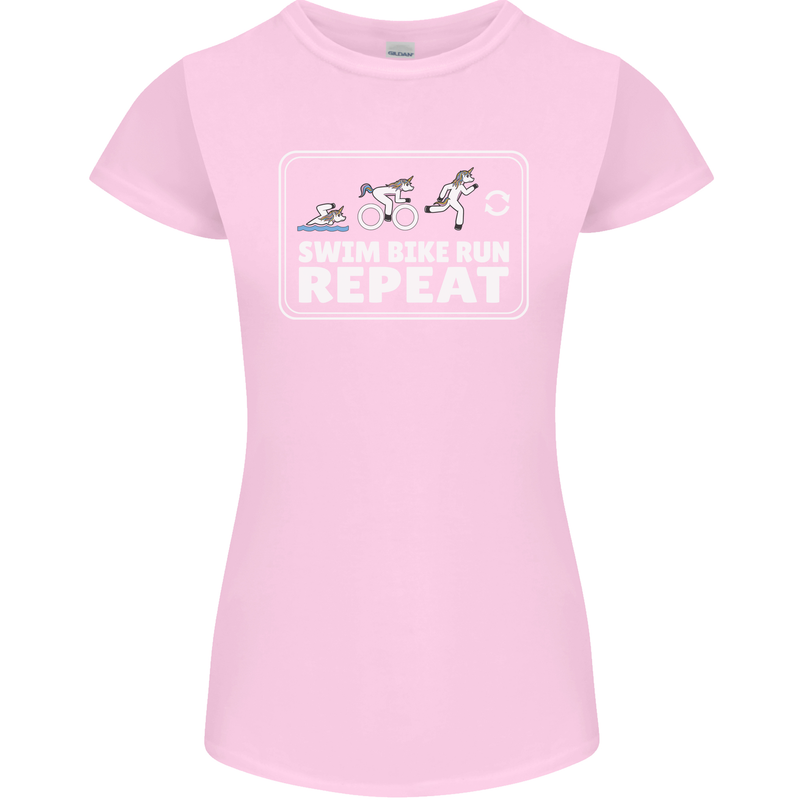 Triathlon Running Swimming Cycling Unicorn Womens Petite Cut T-Shirt Light Pink