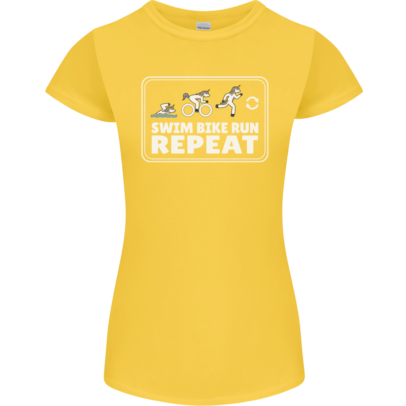 Triathlon Running Swimming Cycling Unicorn Womens Petite Cut T-Shirt Yellow