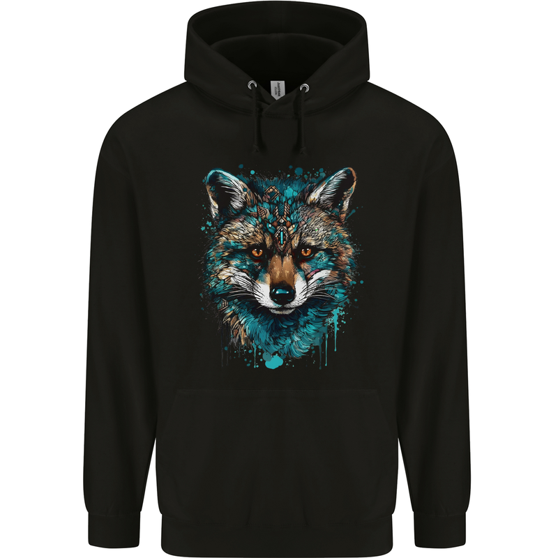 Tribal Fox With a Watercolour Effect Mens 80% Cotton Hoodie Black