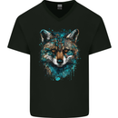 Tribal Fox With a Watercolour Effect Mens V-Neck Cotton T-Shirt Black