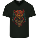 Tribal Spirit Owl Mens V-Neck Cotton T-Shirt Black