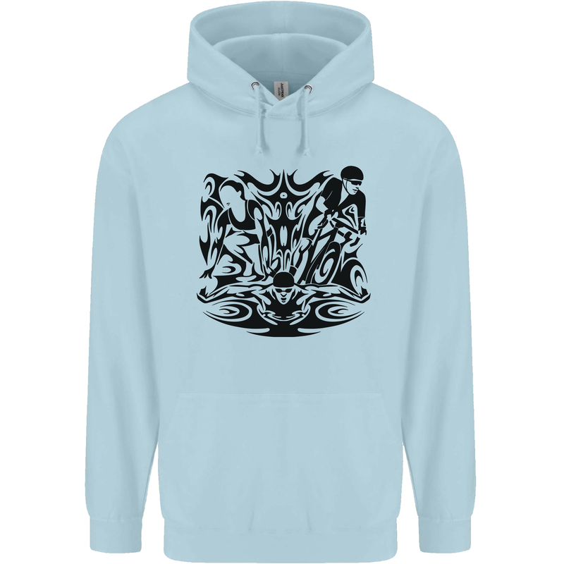 Tribal Triathlon Swimming Running Cycling Mens 80% Cotton Hoodie Light Blue