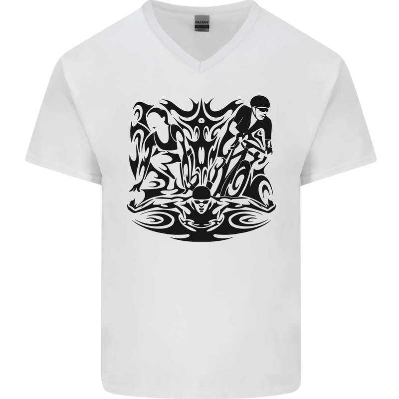 Tribal Triathlon Swimming Running Cycling Mens V-Neck Cotton T-Shirt White