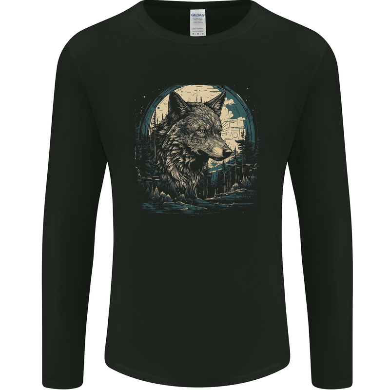 Tribal Wolf With the Moon Werewolf Lycan Mens Long Sleeve T-Shirt Black