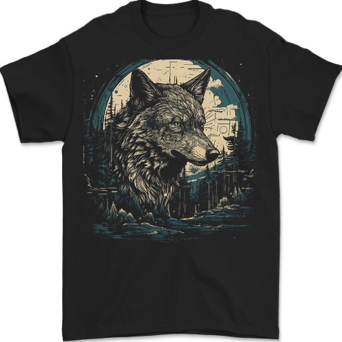 Tribal Wolf With the Moon Werewolf Lycan Mens T-Shirt 100% Cotton BLACK
