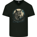 Tribal Wolf With the Moon Werewolf Lycan Mens V-Neck Cotton T-Shirt Black
