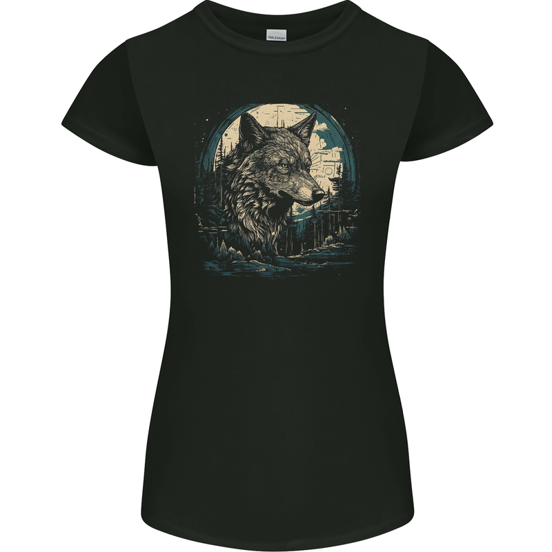 Tribal Wolf With the Moon Werewolf Lycan Womens Petite Cut T-Shirt Black