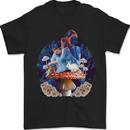 a black t - shirt with a picture of a woman sitting on a mushroom