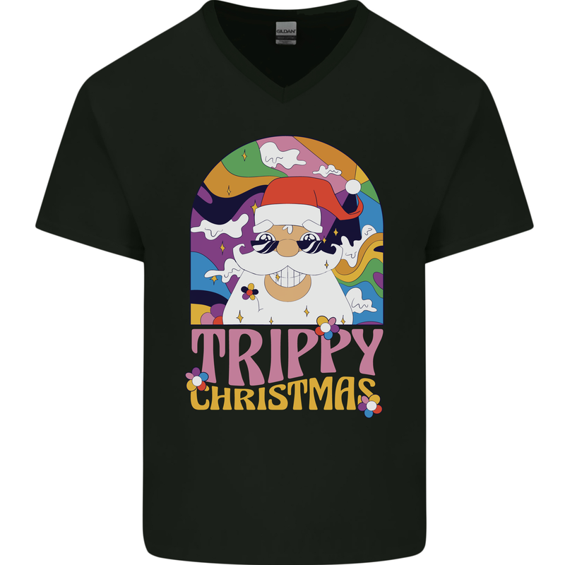 Trippy Christmas LSD Santa Magic Mushrooms Xmas Mens V-Neck Cotton T-Shirt Black