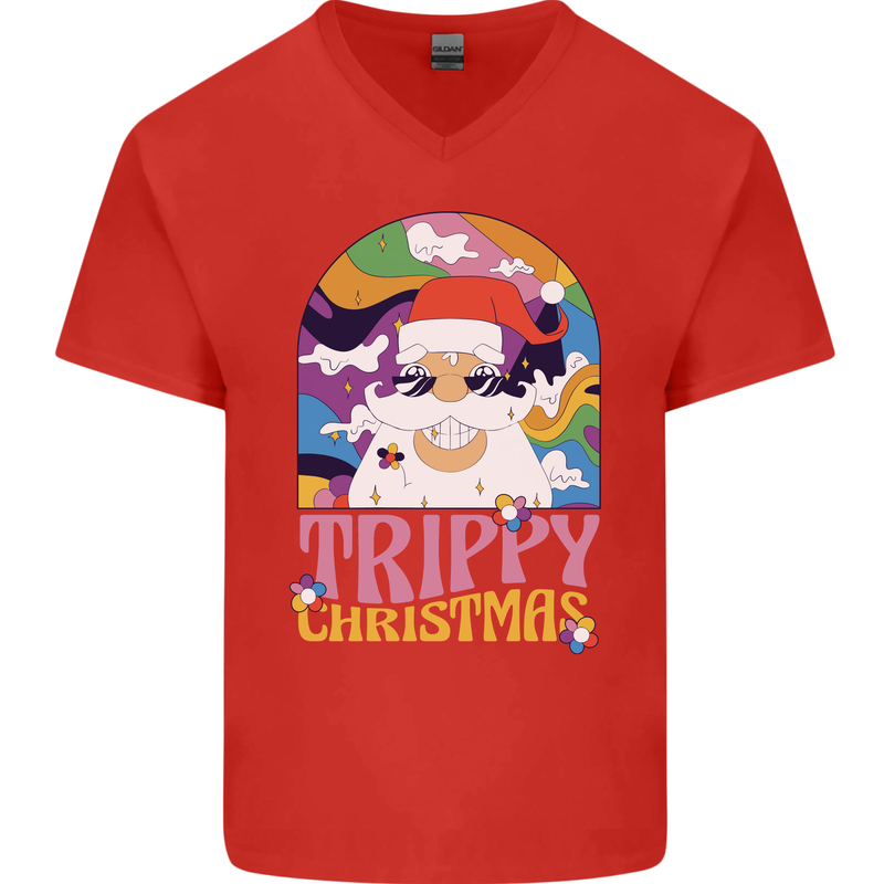 Trippy Christmas LSD Santa Magic Mushrooms Xmas Mens V-Neck Cotton T-Shirt Red