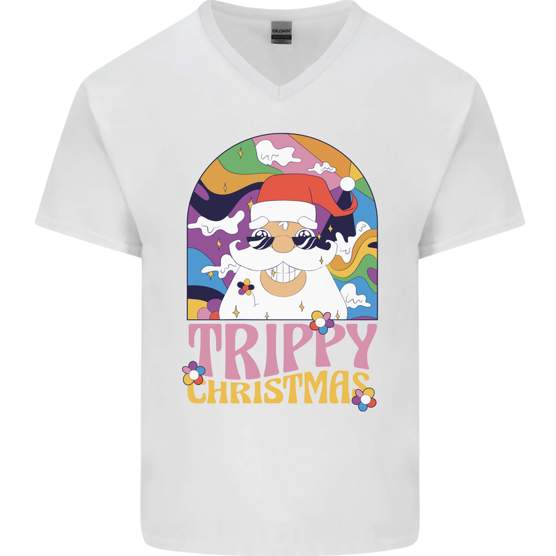 Trippy Christmas LSD Santa Magic Mushrooms Xmas Mens V-Neck Cotton T-Shirt White