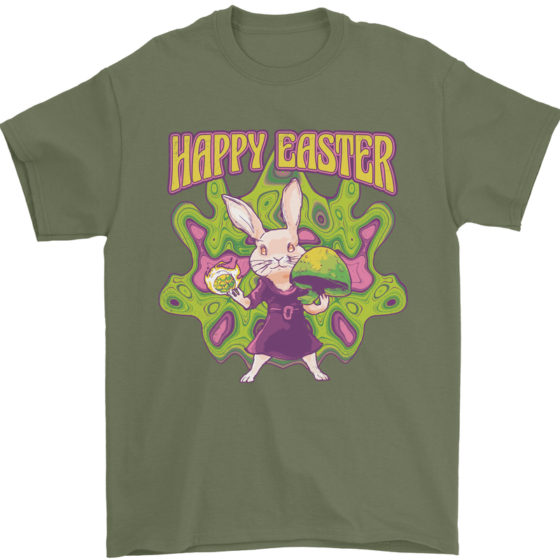 Trippy Easter Magic Mushrooms LSD Mens T-Shirt 100% Cotton Military Green