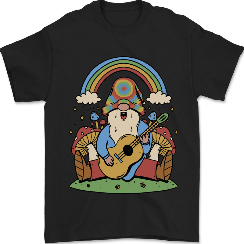 a black t - shirt with an image of a gnome playing a guitar