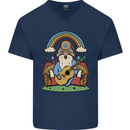 Trippy Guitar Hippy Gnome Magic Mushrooms Mens V-Neck Cotton T-Shirt Navy Blue