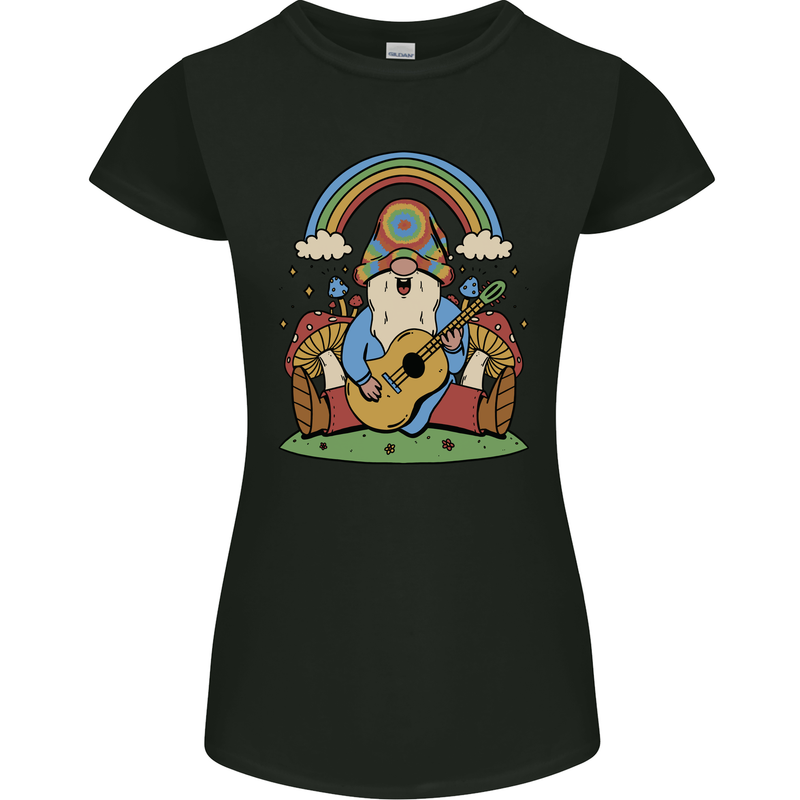 Trippy Guitar Hippy Gnome Magic Mushrooms Womens Petite Cut T-Shirt Black