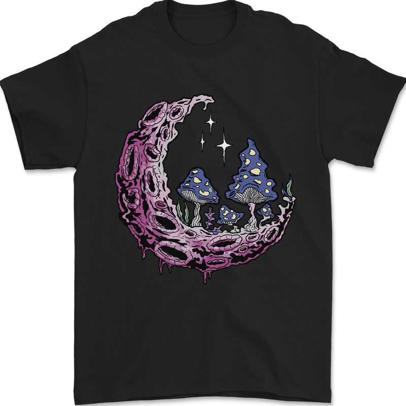 a black t - shirt with an image of a moon and mushrooms on it