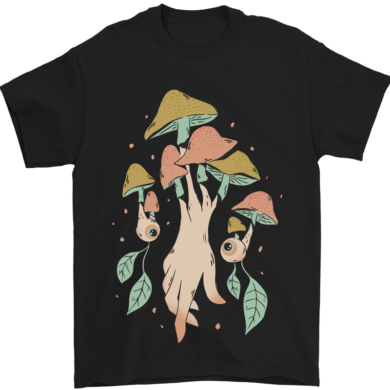 a black t - shirt with mushrooms on it