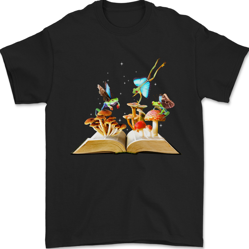 a black t - shirt with a picture of a book and mushrooms on it