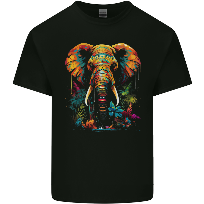 Tropical Elephant Mens Cotton T-Shirt Tee Top Black