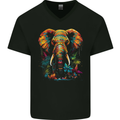 Tropical Elephant Mens V-Neck Cotton T-Shirt Black