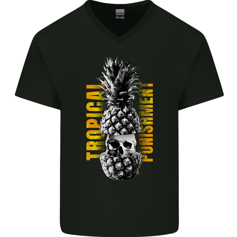 Tropical Punishment Pineapple Skull Mens V-Neck Cotton T-Shirt Black