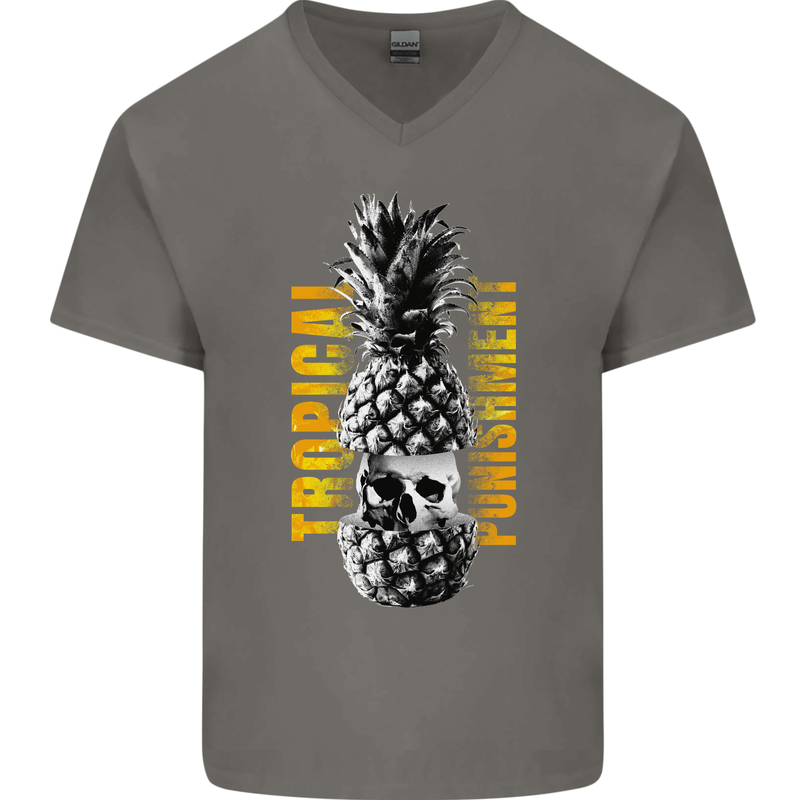 Tropical Punishment Pineapple Skull Mens V-Neck Cotton T-Shirt Charcoal