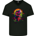 Tropical T-Rex in a Forest With a Moon Mens V-Neck Cotton T-Shirt Black