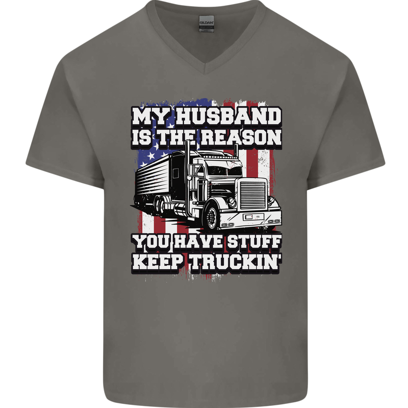 Truck Driver Funny USA Flag Lorry Driver Mens V-Neck Cotton T-Shirt Charcoal