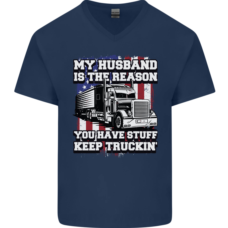 Truck Driver Funny USA Flag Lorry Driver Mens V-Neck Cotton T-Shirt Navy Blue