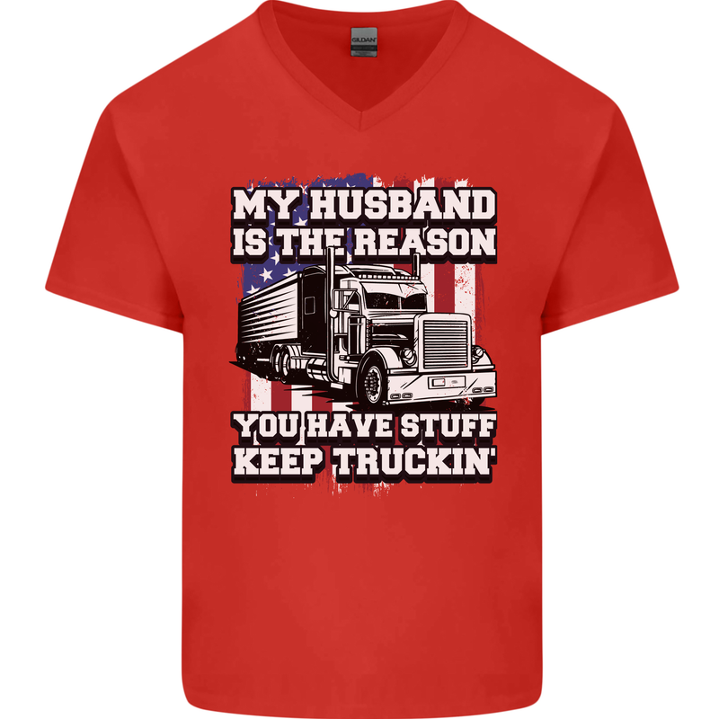 Truck Driver Funny USA Flag Lorry Driver Mens V-Neck Cotton T-Shirt Red